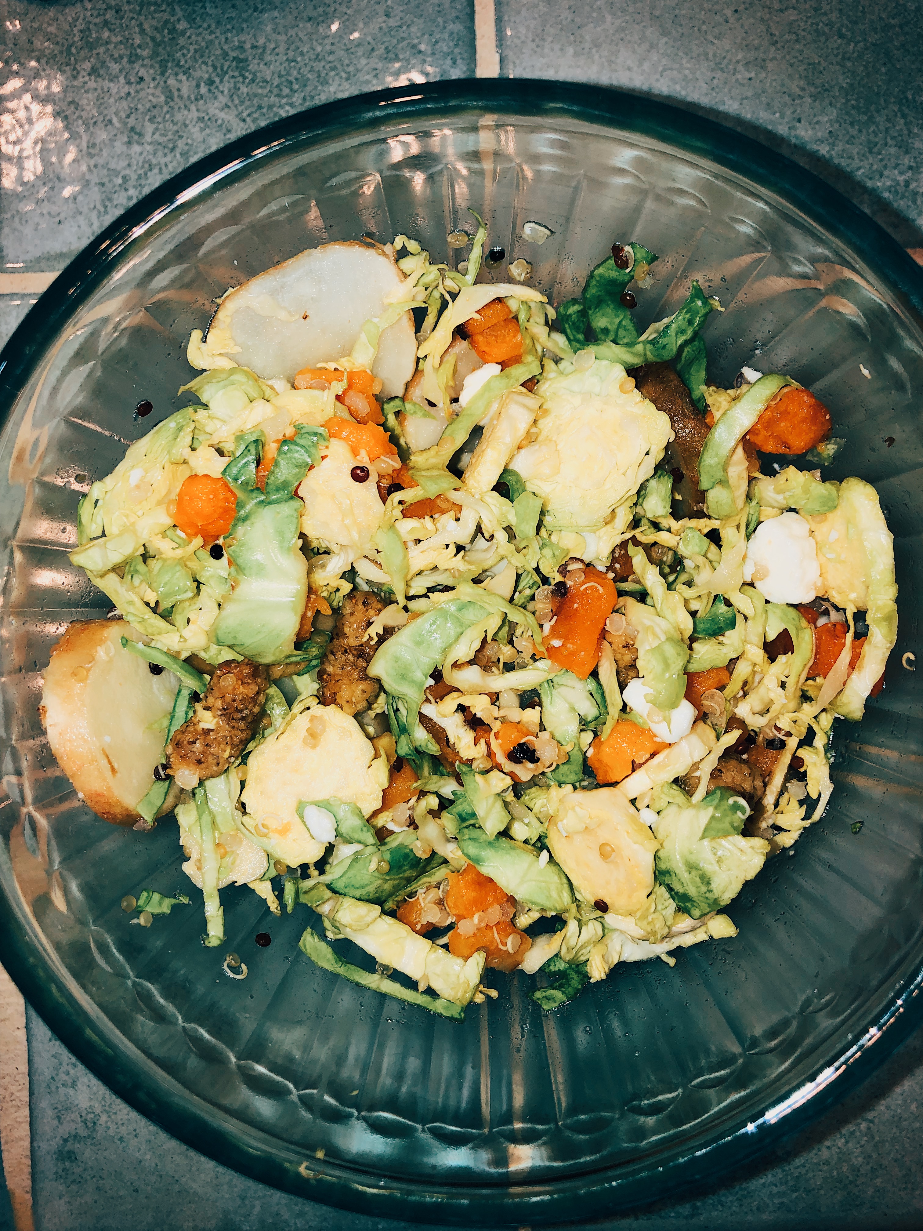 Salad with brussel sprouts, sweet potatoes, quinoa, and mulberries