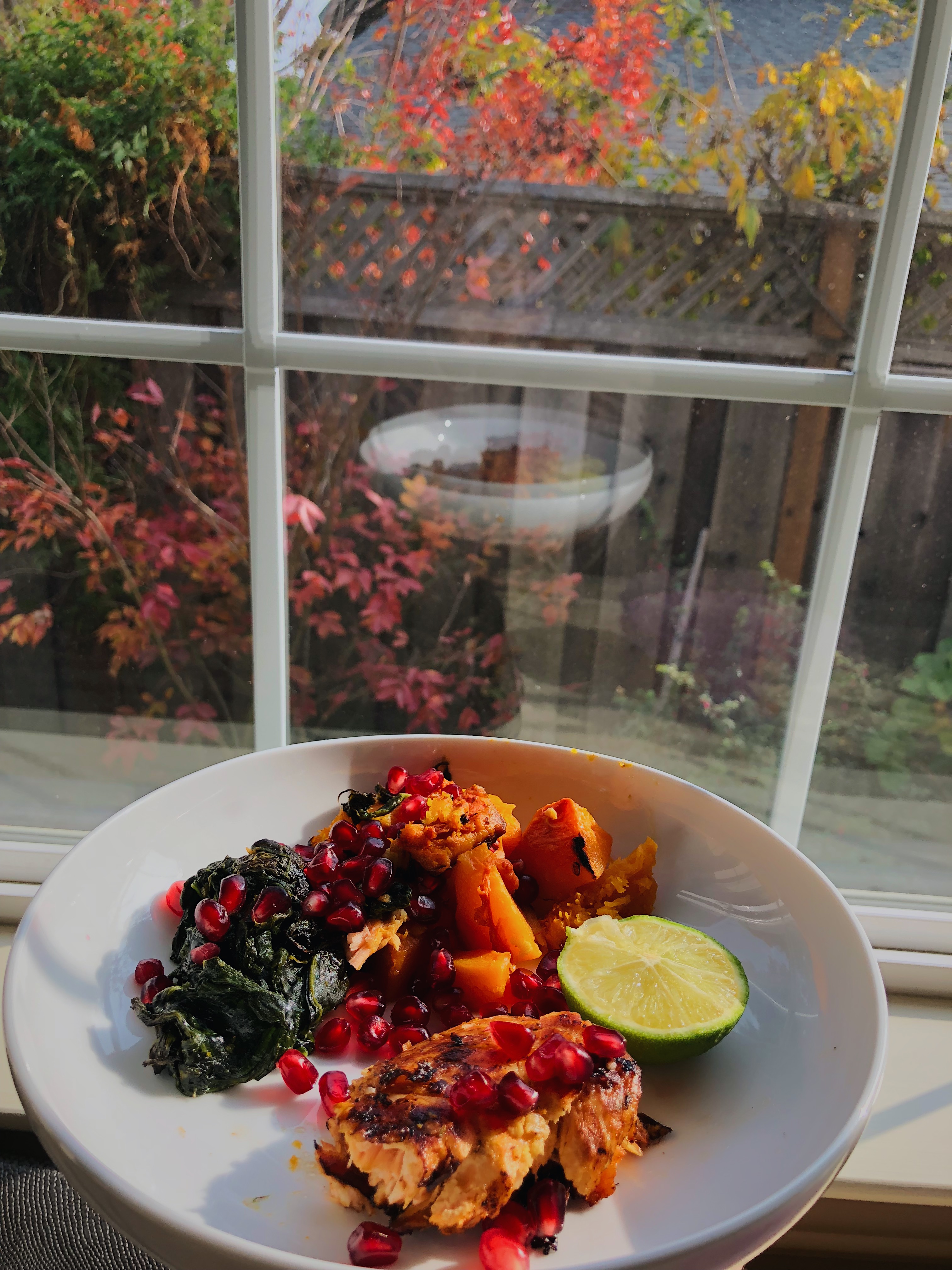 Salmon Bowl with Squash and Pomegranete